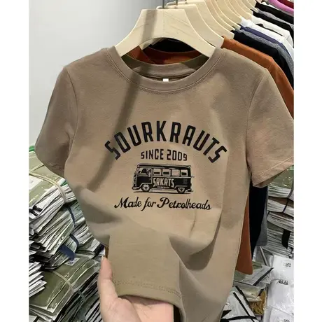 正肩短袖t恤女2023春夏季新款学生圆领印花上衣修身内搭打底衫潮商品大图