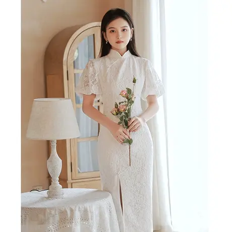 旗袍小晚礼服连衣裙女轻奢小众高端订婚领证登记中式白色蕾丝夏季商品大图