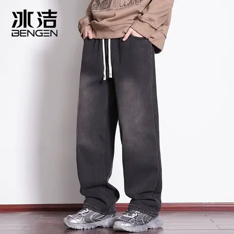 冰洁牛仔裤男复古黑色2024年春季新款男士宽松大码阔腿直筒长裤A商品大图