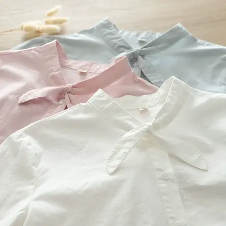 春秋季韩版文艺小清新蝴蝶结纯棉长袖衬衫女学生减龄百搭打底上衣图片