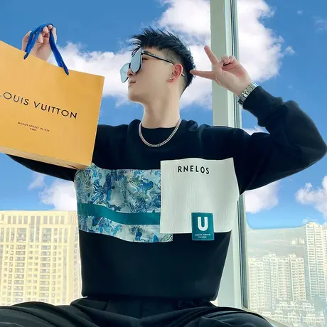 卫衣男ins潮流印花拼接圆领上衣外套春季个性撞色宽松长袖T恤男装商品大图