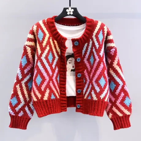 复古名族风菱格提花毛衣外套女春装2024新款宽松加厚撞色针织开衫图片