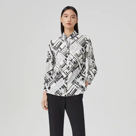 LANCY/朗姿春季新款通勤桑蚕丝衬衫女印花内搭宽松衬衣女款图片