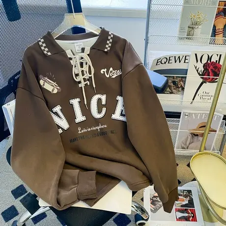 设计感polo衫卫衣女秋冬季加绒加厚ins潮牌chic港风宽松大码上衣图片