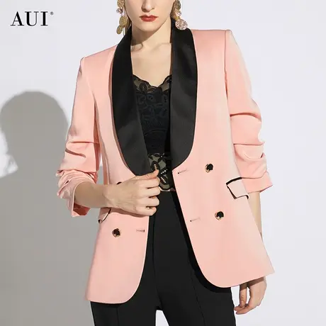 AUI粉色设计感七分袖西装外套女2024春新款职业气质小众修身西服图片