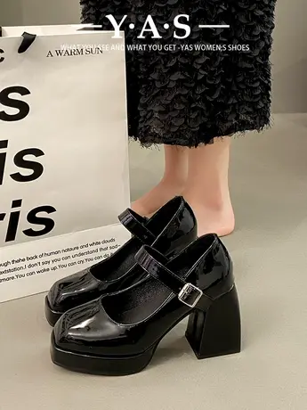 高跟鞋女婚鞋法式一字带玛丽珍鞋防水台粗跟单鞋米白色气质伴娘鞋图片