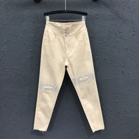 卡其色牛仔裤女2024春夏新款欧货休闲破洞烫钻百搭九分小脚铅笔裤图片