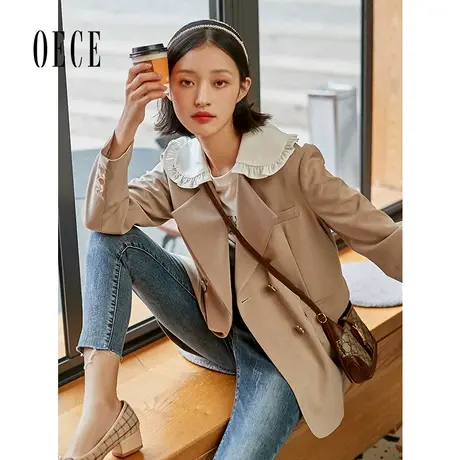 Oece花瓣领小西装外套春秋新款女装复古双排扣修身西服图片