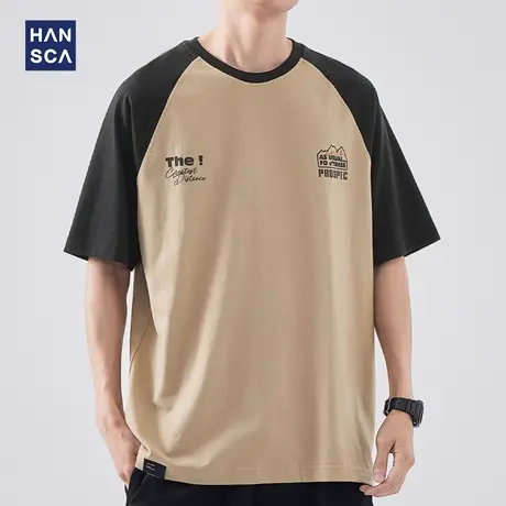 hansca 美式插肩袖短袖T恤男夏季撞色潮流纯棉宽松休闲半袖打底衫商品大图