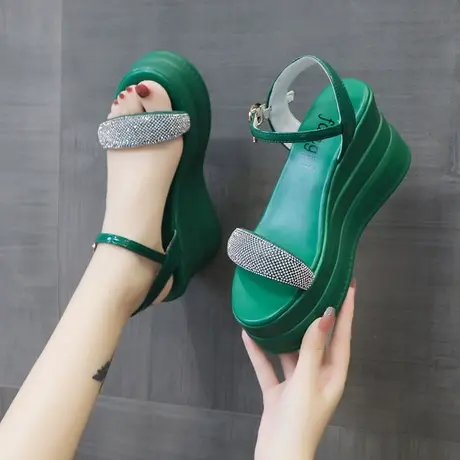 水钻凉鞋女2023年新款夏季一字带仙女温柔风小个子坡跟厚底高跟鞋商品大图