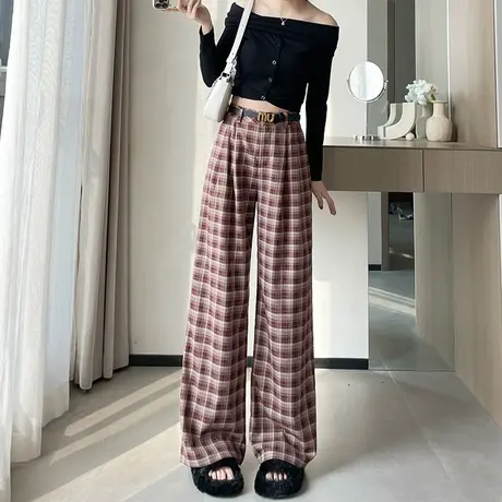 复古红色格纹阔腿裤女2024春夏高腰宽松直筒慵懒风显瘦休闲拖地裤商品大图