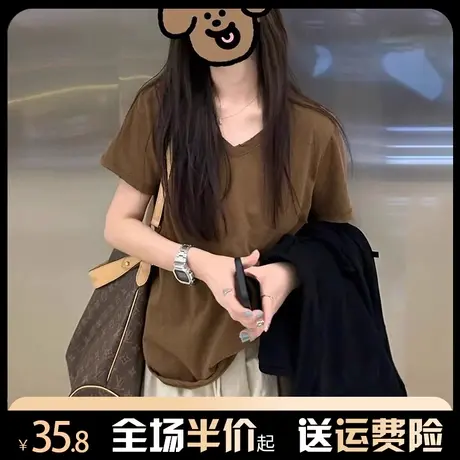 v领纯棉短袖t恤女夏季2024新款爆款宽松显瘦韩版正肩上衣oversize图片