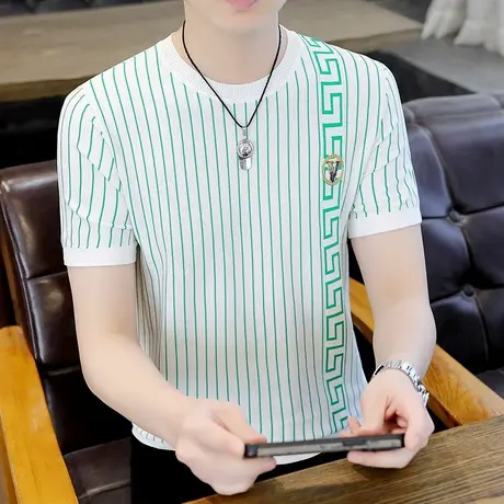 男式针织短袖T恤夏季高端修身冰丝圆领上衣薄款休闲帅气半袖体恤商品大图