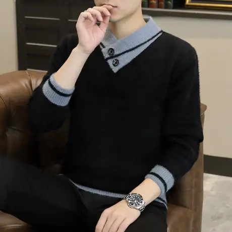 秋冬季V领保暖加厚毛衣男士潮牌个性套头针织衫仿水貂绒毛打底衫商品大图