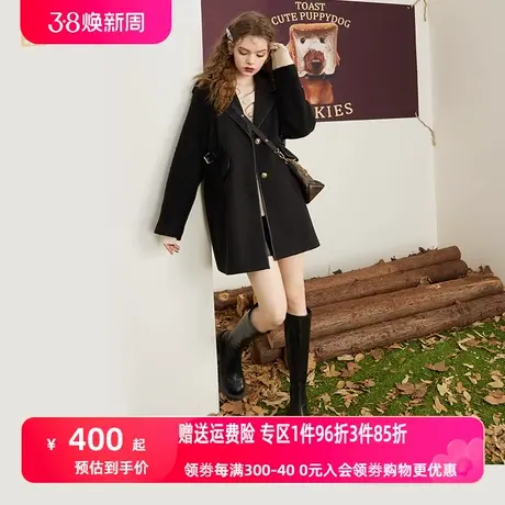 妖精的口袋黑色毛呢外套女2022秋冬季新款小个子中长款大衣高级感图片