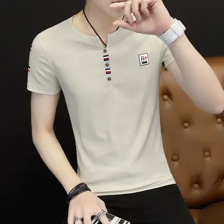 2023新款夏季短袖t恤男士韩版青少年上衣服V领半袖个性体恤男装潮商品大图