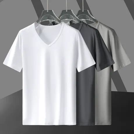 莫代尔短袖t恤男装V领纯色白色冰丝凉感上衣服透气速干半袖打底衫商品大图