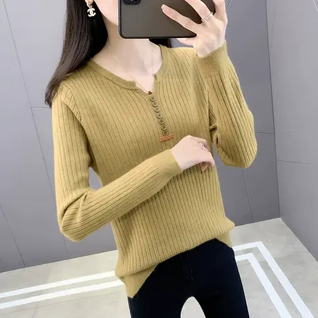 2023年秋冬新款毛衣女纯色V领套头针织衫修身内搭加厚打底衫女装图片