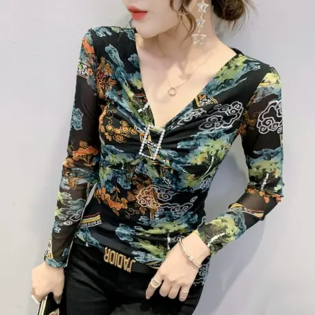 女装2023新款潮性感V领交叉T恤复古印花上衣紧身内搭打底衫女长袖图片