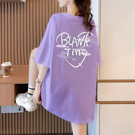 洋气减龄短袖t恤女夏季2023新款宽松显瘦香芋紫纯棉大码印花潮ins图片