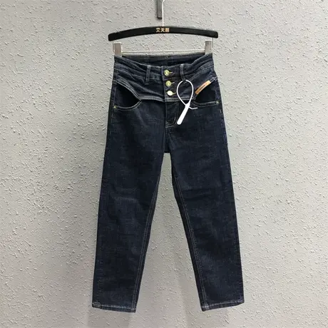 深蓝直筒牛仔裤女秋2023新款三粒扣时尚显瘦高腰收腹弹力烟管裤潮商品大图