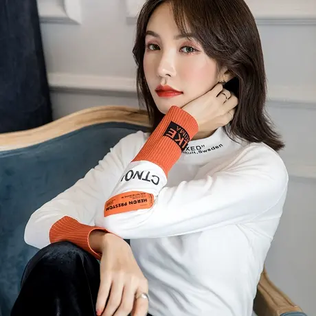 2023秋冬装新款半高领打底衫女长袖洋气中领白色字母修身百搭上衣商品大图