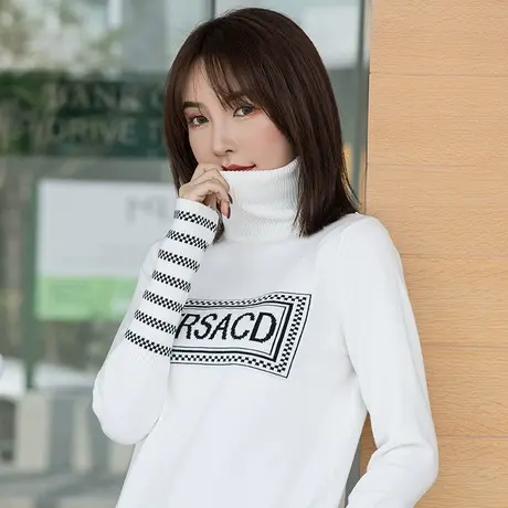 歌倍尚2023秋冬新款高领打底衫女字母针织衫长袖修身上衣套头毛衣商品大图