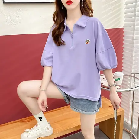 翻领polo衫短袖t恤女夏季韩版宽松大码设计感小众小个子上衣服潮图片
