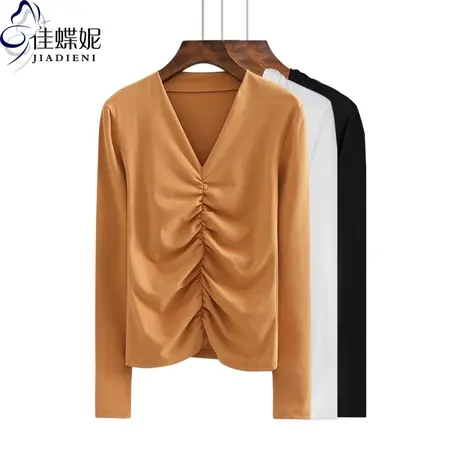 2023春秋季V领纯棉长袖打底衫女设计感打褶内搭韩版修身时尚T恤图片