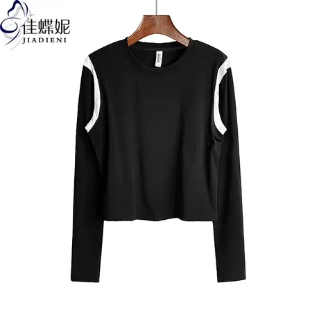 秋冬新款圆领修身显瘦短款纯欲纯棉撞色拼接长袖体恤上衣女打底衫图片
