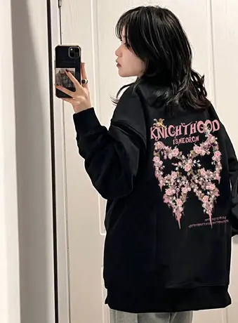 黑色大码oversize圆领卫衣女秋小众高街潮牌ins美式复古甜辣上衣商品大图