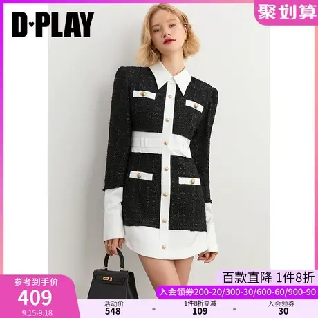 DPLAY【黑标】秋装新黑白拼色粗花呢连衣裙气质通勤显瘦A字裙图片