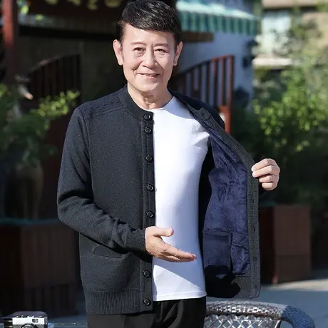 中老年针织开衫男士秋冬装爸爸毛衣加绒加厚老人保暖上衣春秋外套商品大图