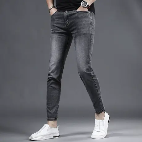 夏季薄款冰丝九分牛仔裤男深灰色修身小脚潮牌弹力百搭休闲裤子男商品大图