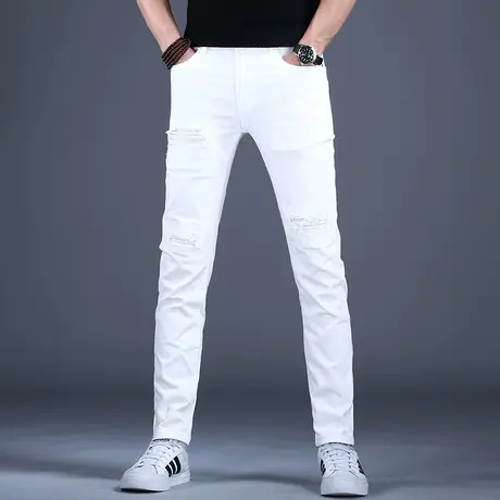 男士破洞白色牛仔裤男春秋男款2023新款高端潮牌夏天弹力休闲裤子商品大图