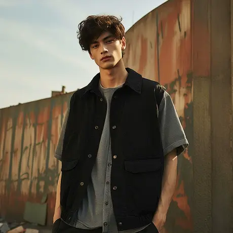 日系复古加肥加大码牛仔马甲男士美式街头潮流宽松工装背心外套春商品大图