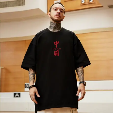 高街潮牌宽松T恤简约短袖男加肥加大五分袖纯棉肥佬大码男装夏季商品大图