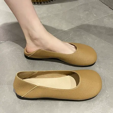 法式奶奶鞋女春2023新款平底浅口单鞋复古芒果头豆豆鞋低跟小皮鞋商品大图