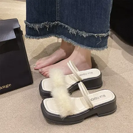 设计感小众水貂毛凉鞋两穿款凉拖女鞋松糕厚底2023夏款粗跟罗马鞋图片