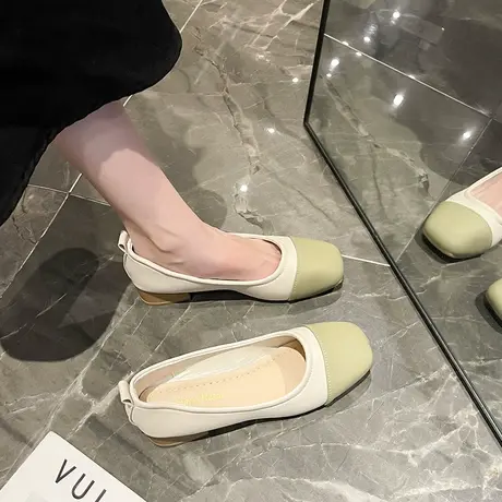 2023新款小香风方头拼色粗跟软皮仙女奶奶鞋女夏软底低跟淑女单鞋商品大图