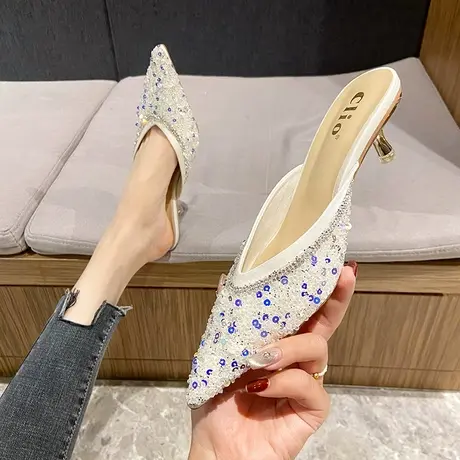 2023年夏季百搭新款包头凉拖鞋法式少女高跟鞋女细跟一脚蹬半拖鞋商品大图