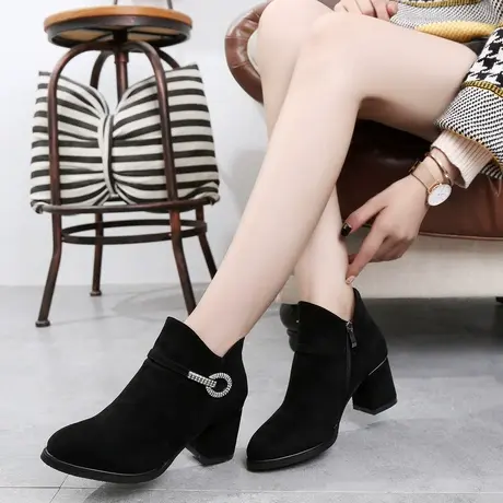 雅森秋冬季新款百搭绒面弹力布高跟英伦风粗跟马丁瘦瘦短筒女靴子商品大图