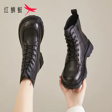 红蜻蜓女鞋加绒厚底马丁靴2023秋季新款真皮短靴女爆款休闲靴子潮商品大图