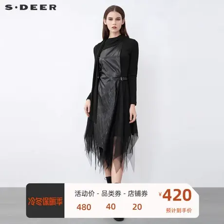 sdeer圣迪奥女装时尚圆领拼接网纱不规则长袖连衣裙S21481207图片