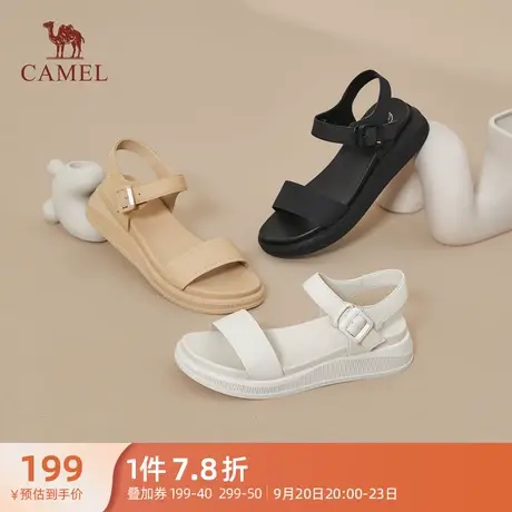 骆驼凉鞋女2023年新款女鞋休闲软底一字带凉鞋女露趾真皮厚底凉鞋图片