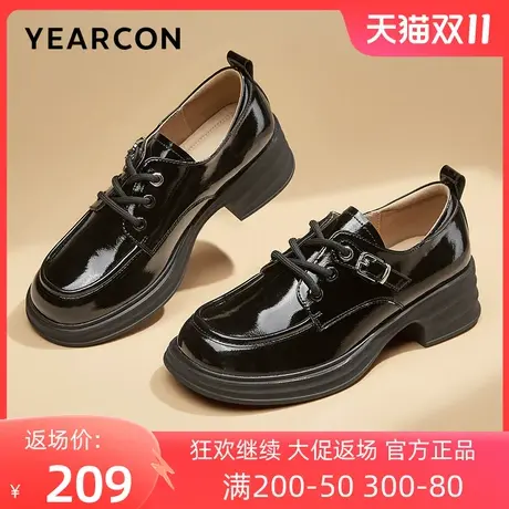 意尔康女鞋2023秋季新款漆皮小皮鞋女粗跟中跟系带乐福鞋复古单鞋商品大图
