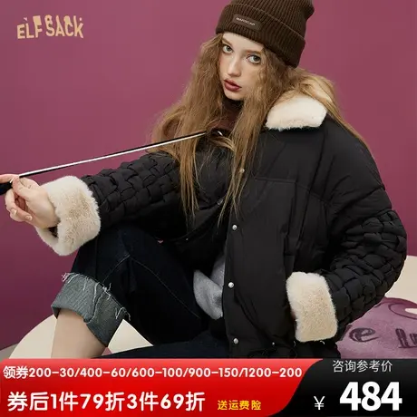 妖精的口袋毛领黑色短款羽绒服女2022冬季新款小个子加厚保暖外套商品大图