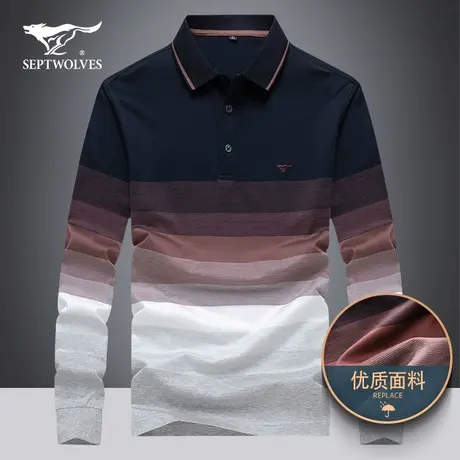 七匹狼男装秋冬款加厚长袖t恤青年翻领宽松纯棉条纹上衣男polo衫图片