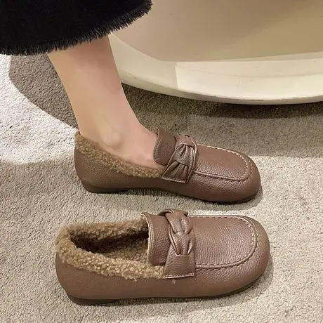 豆豆鞋女2023秋冬季新款一脚蹬加绒保暖棉鞋羊羔毛复古软底小皮鞋图片