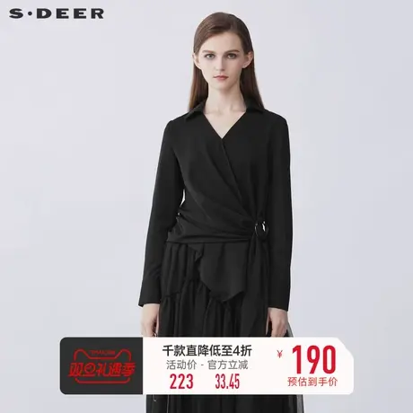 sdeer圣迪奥女装春秋装V领立体裁剪不规则黑色衬衫S21380508商品大图